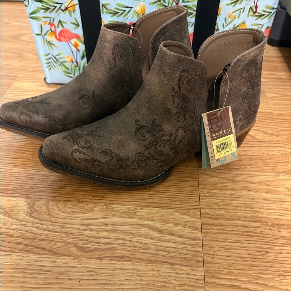 Roper Dark Brown Embroidered Ankle Booties